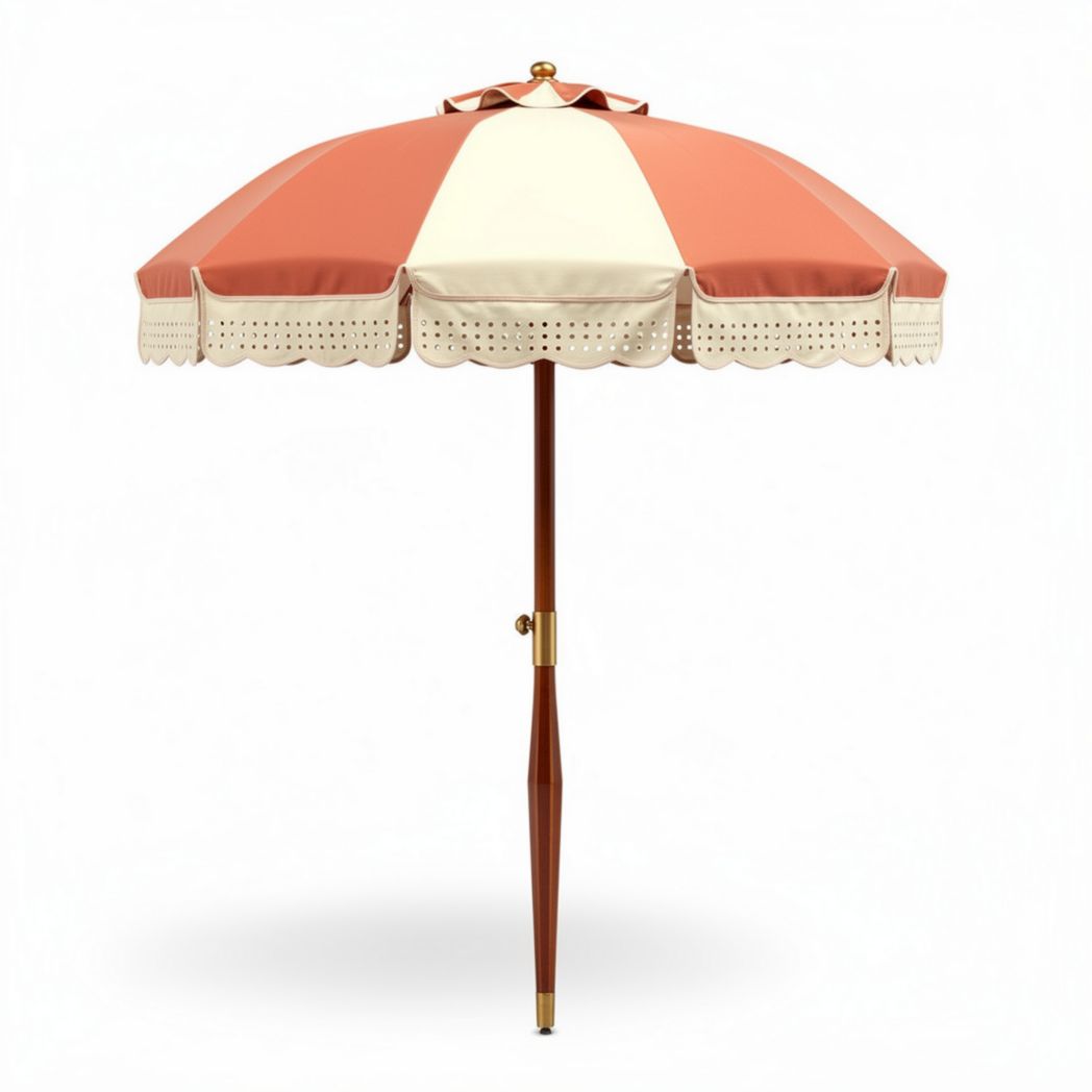 Outdoor patio umbrella in coral and cream with wooden pole 180 x 180 x 250cm