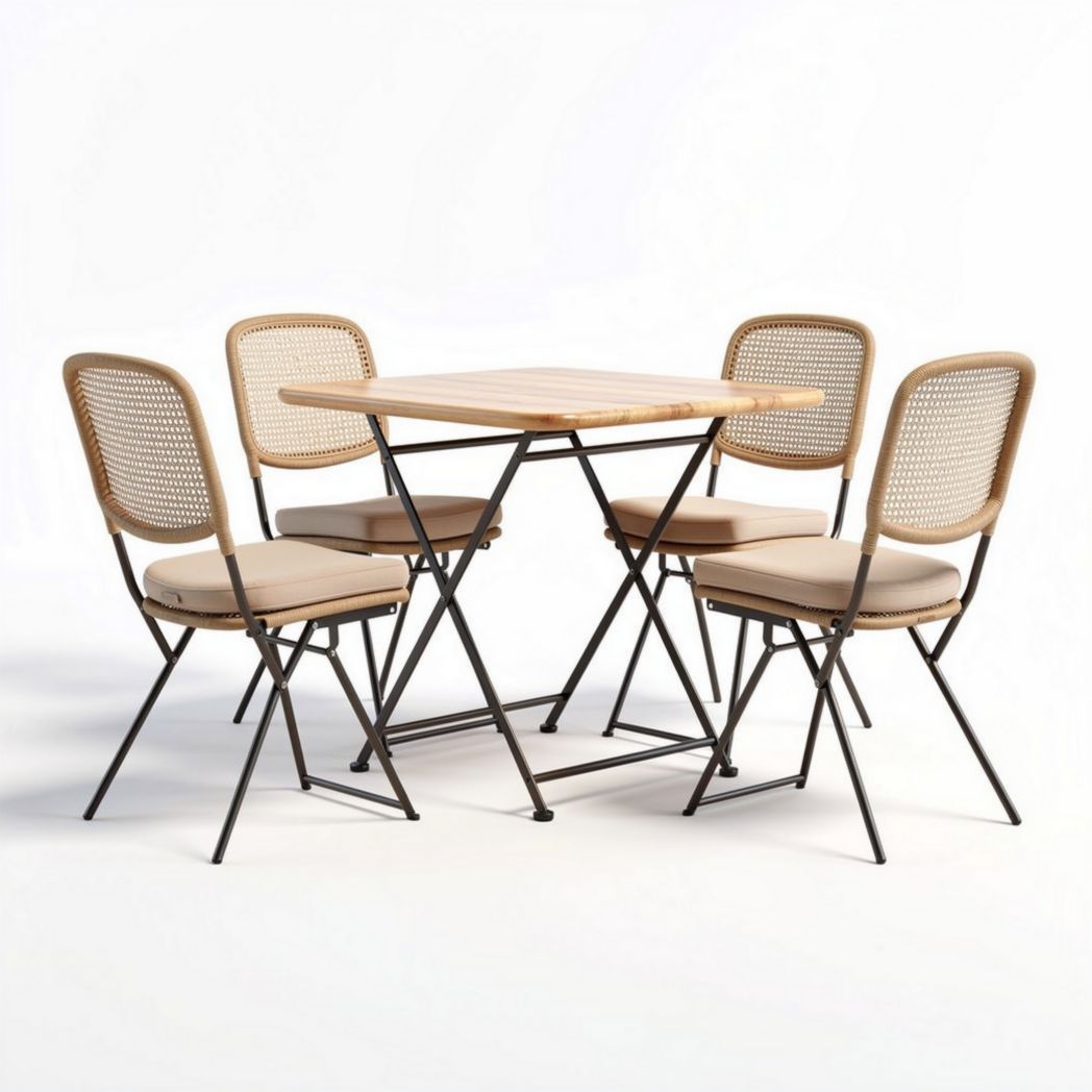 Indoor and outdoor folding dining set with wooden tabletop and rattan chairs 80 x 80 x 75cm