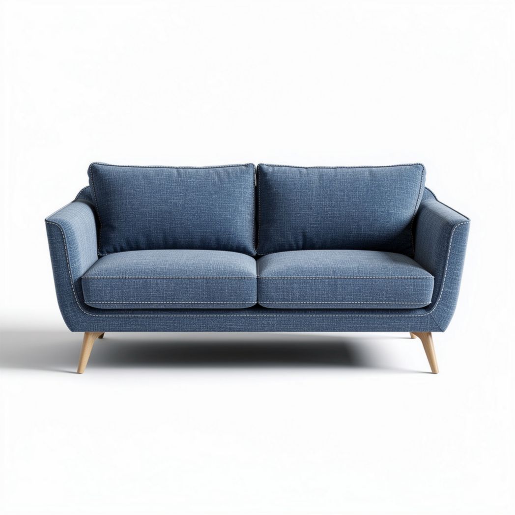 Modern two-seater sofa in blue fabric with wooden legs 180 x 90 x 80cm