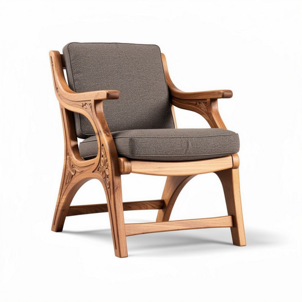 Wooden accent chair with fabric seat cushion in gray 75 x 70 x 80cm