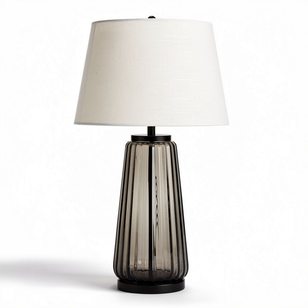 Smoky glass table lamp with fabric shade and black metal base 25 x 25 x 50cm