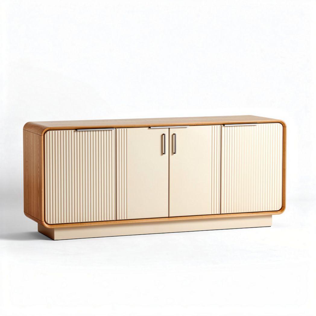 Modern wooden sideboard with cream finish and horizontal ribbing design 150 x 45 x 70cm