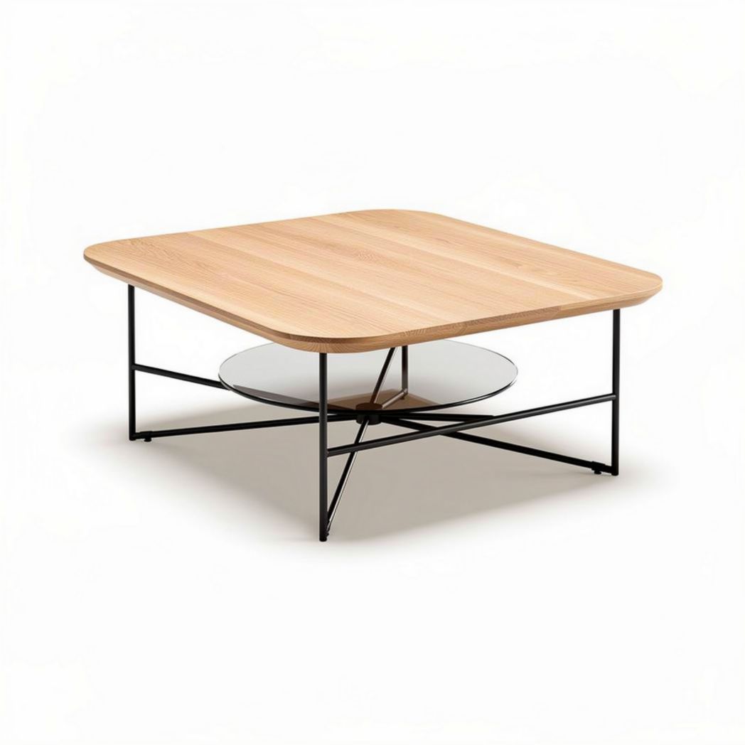 Square coffee table with wooden top and metal base 100 x 100 x 40cm